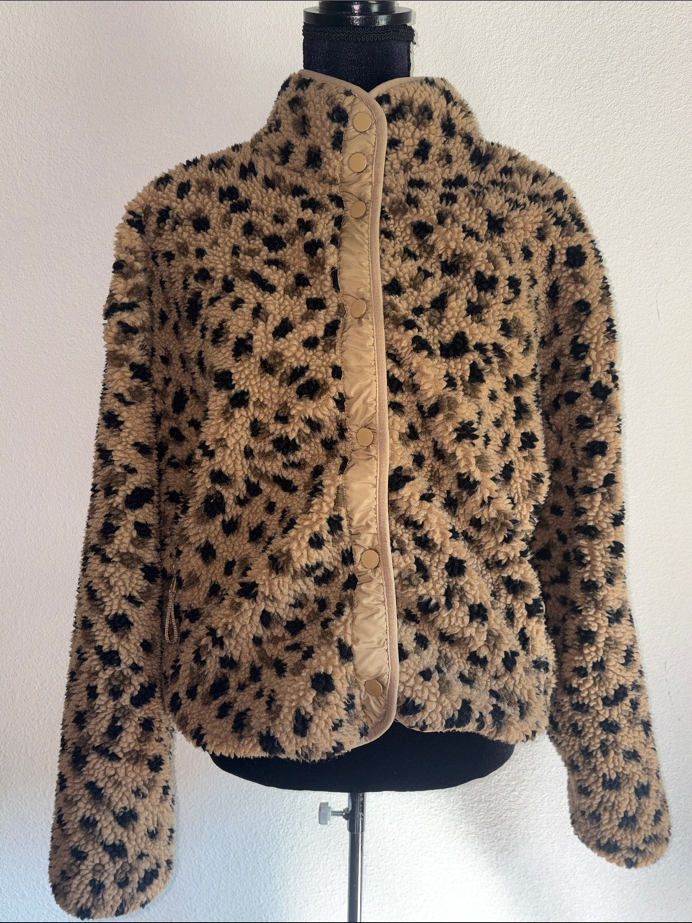 Fabletics Leopard Print Faux Fur Jacket in Tan and Black